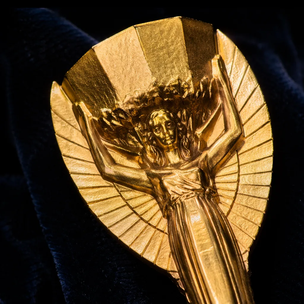 Close-up shot of the details of a Jules Rimet Trophy replica, delicate gold text