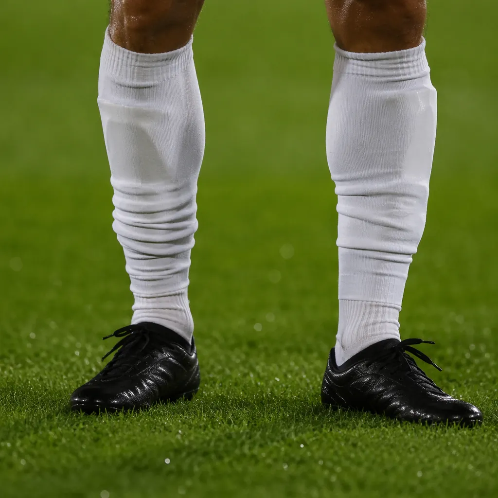 Close-up of a football player's lower legs wearing long socks and shin guards on
