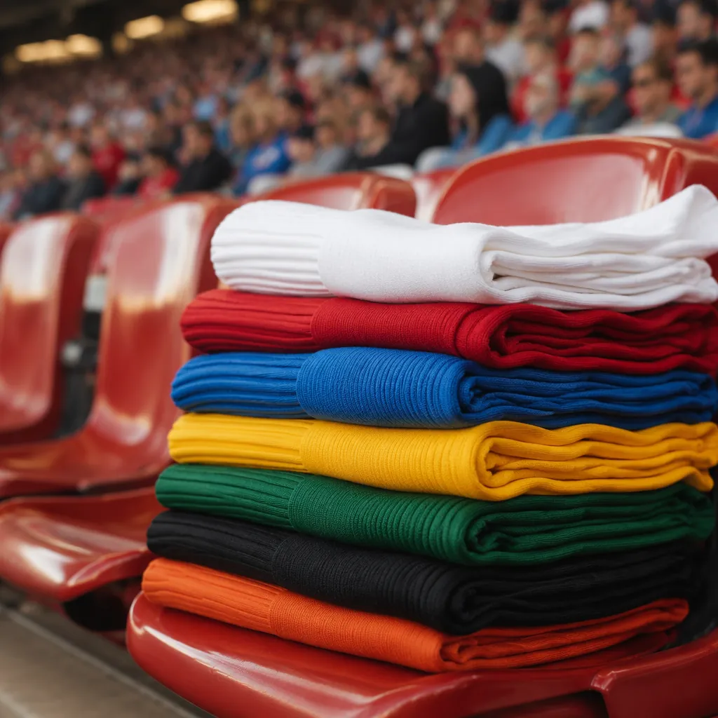 Stack of plain football long socks in various team colors placed on a stadium se