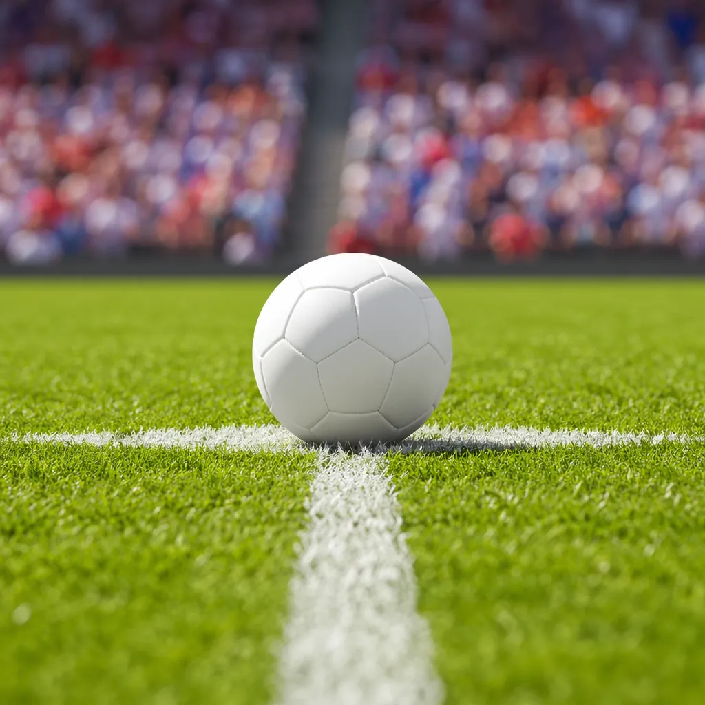 Close up of a bright green football pitch, a generic white match ball placed on 