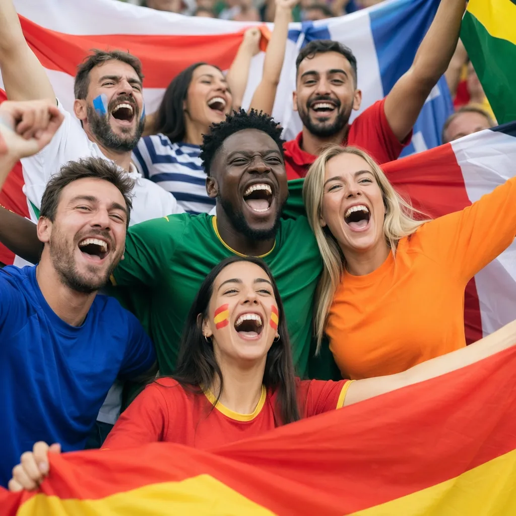 Group of diverse football fans celebrating together, holding generic unbranded n