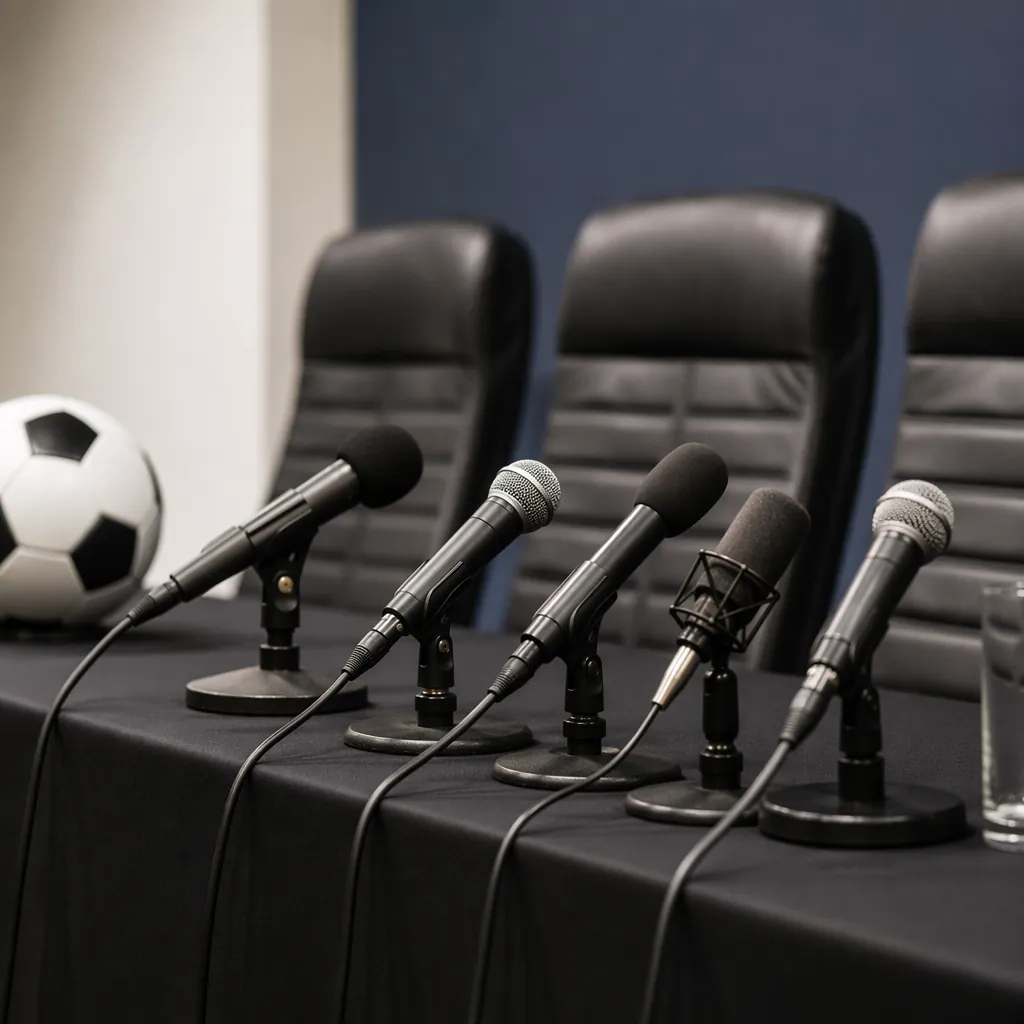Close-up of a generic football press conference table, rows of microphones lined