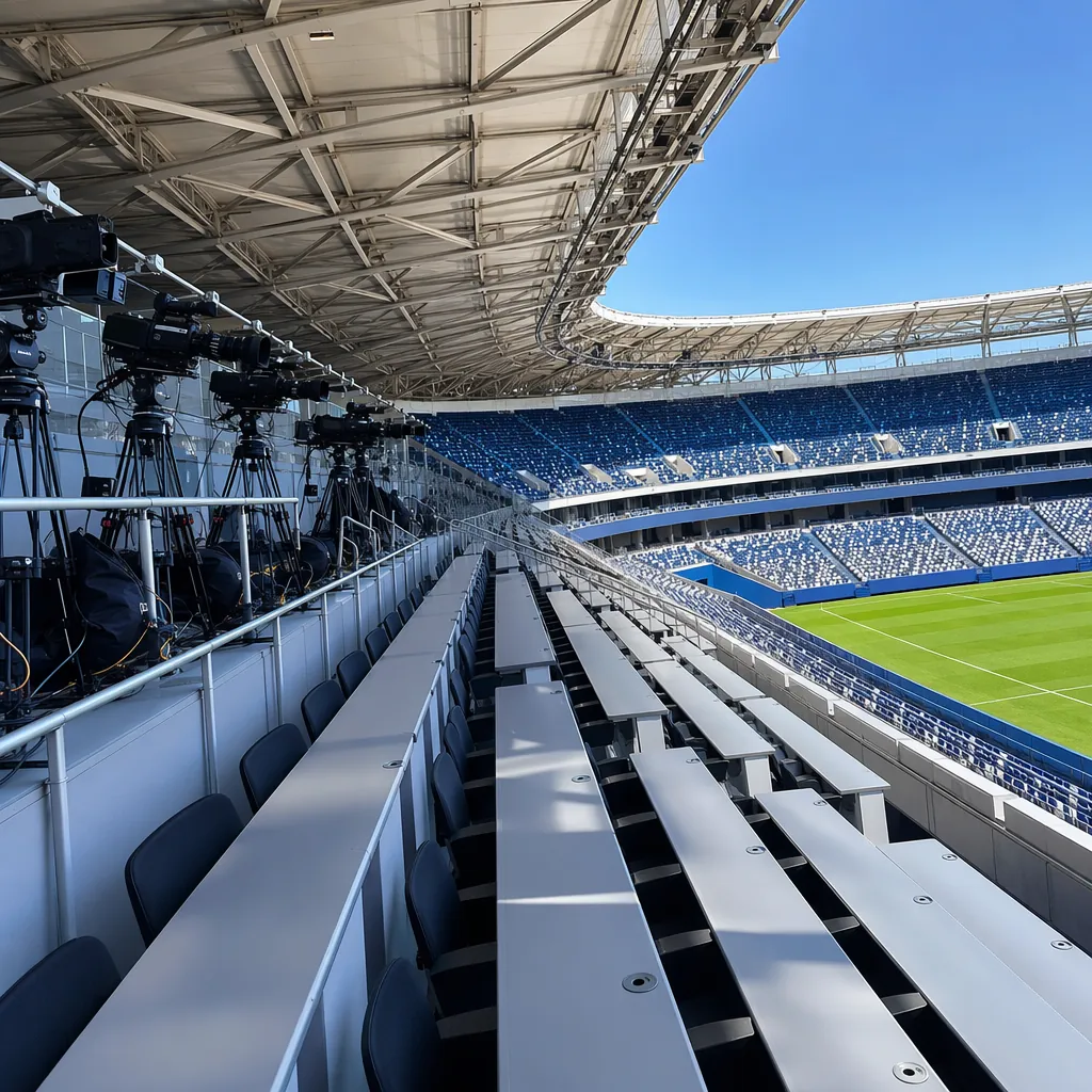 Wide shot of a World Cup stadium media tribune, rows of empty seats for journali