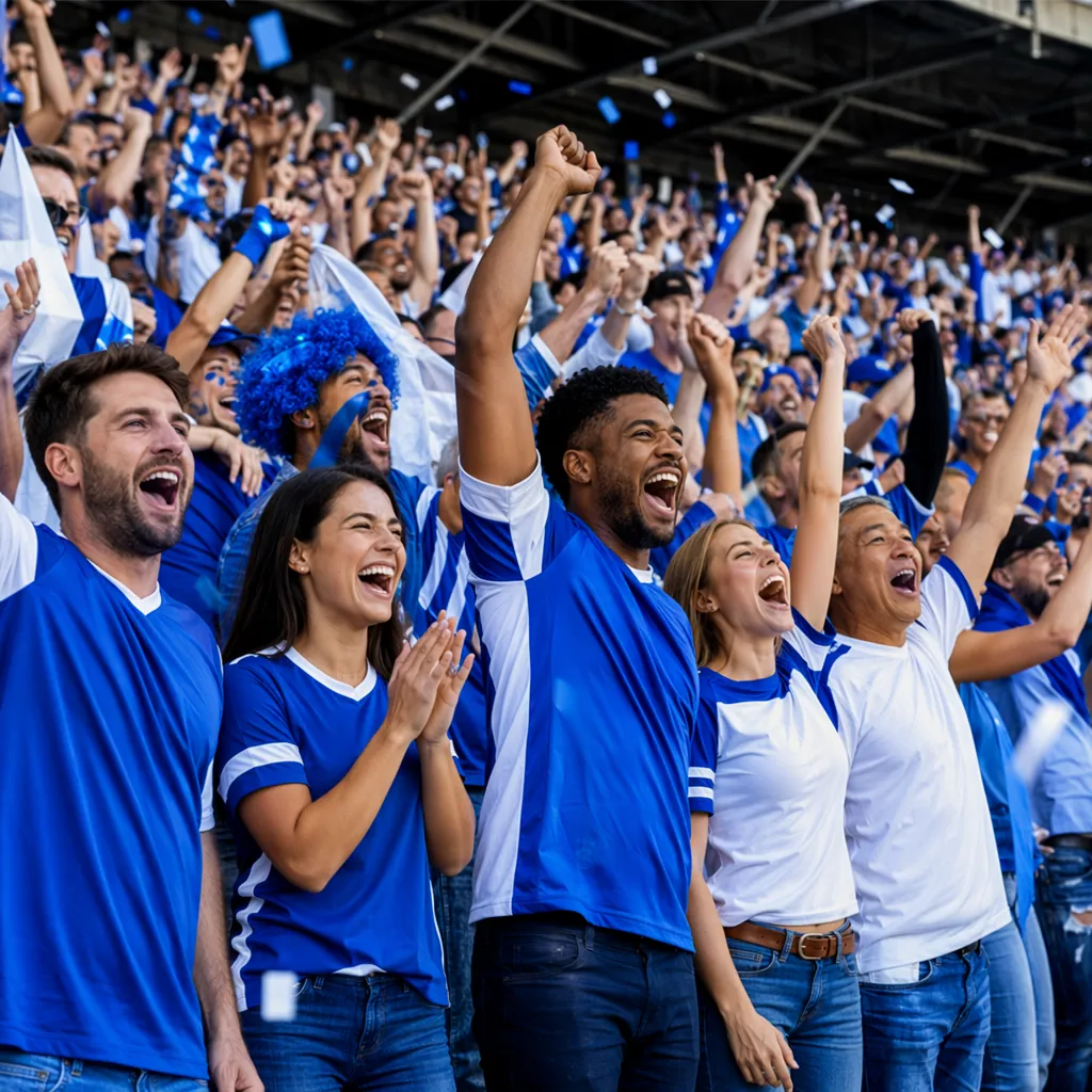 Wide shot of diverse football fans wearing generic blue and white jerseys cheeri