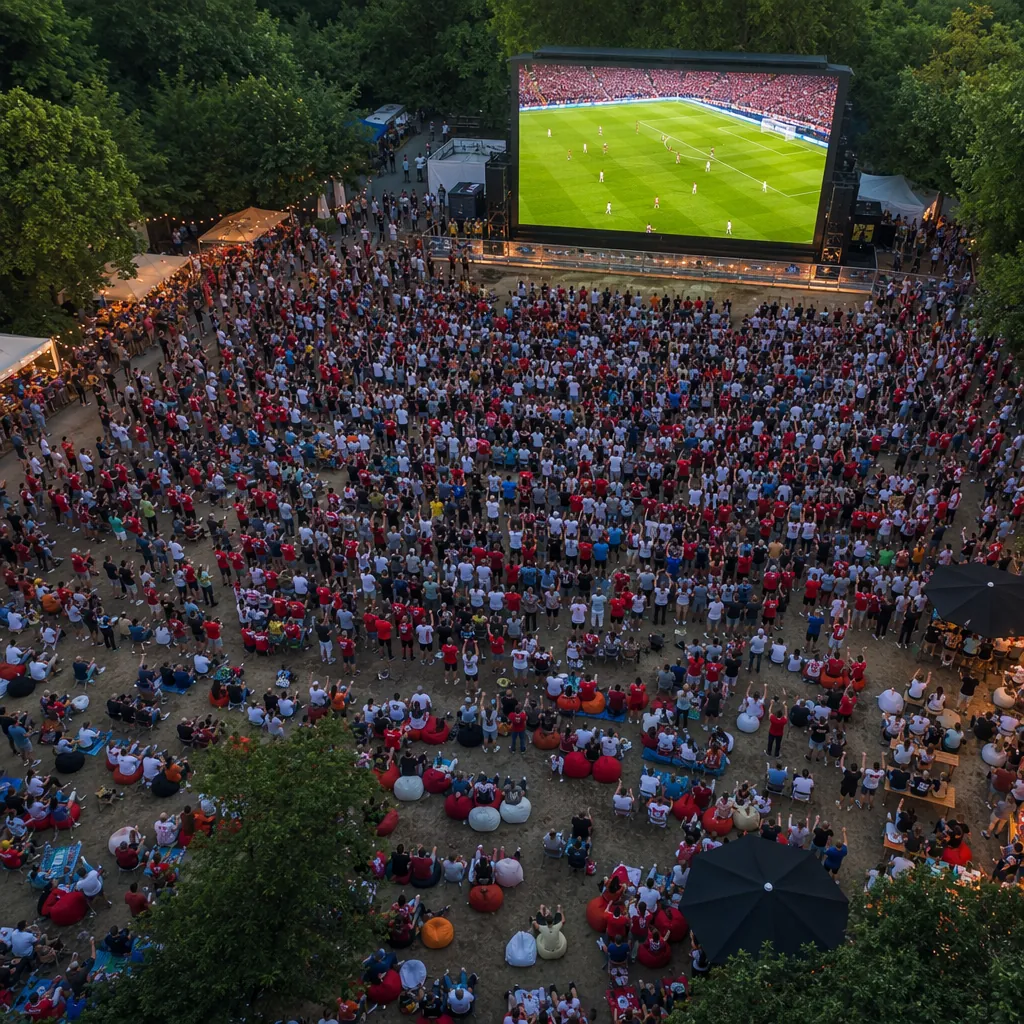 Aerial view of a large outdoor fan viewing area with big screen and crowds of pe