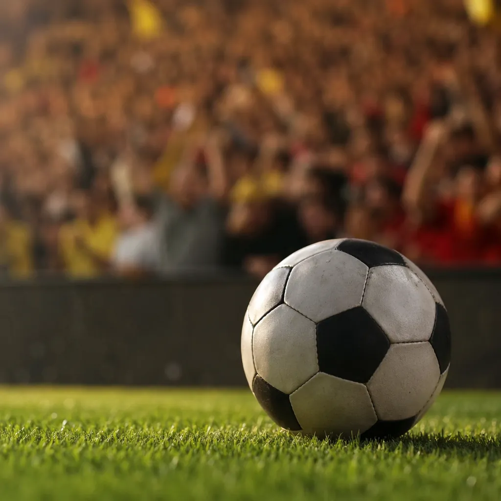 Close-up shot of a football resting on green grass pitch, blurred background of 