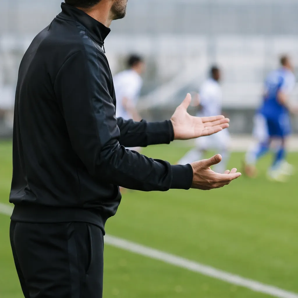 Close up of a football coach in generic dark tracksuit standing on pitch sidelin