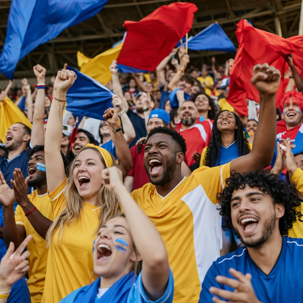 Wide shot of diverse football fans in generic team color jerseys cheering in sta