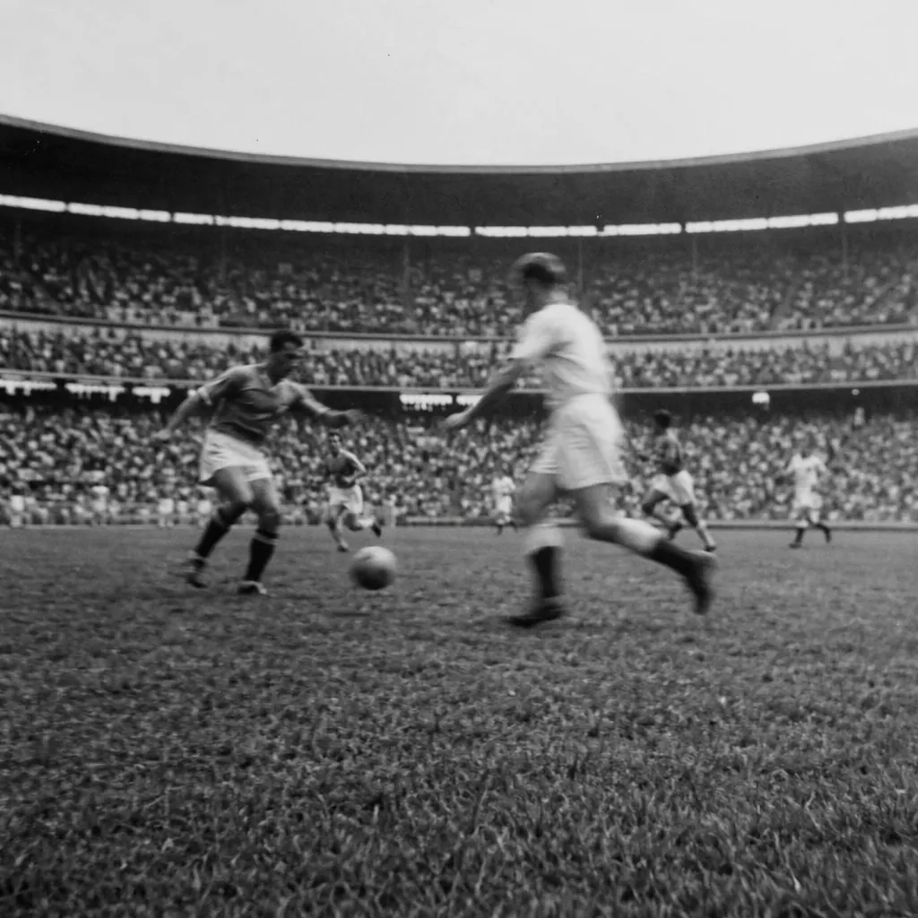 A historical football match scene with blurred players, vintage stadium seating,