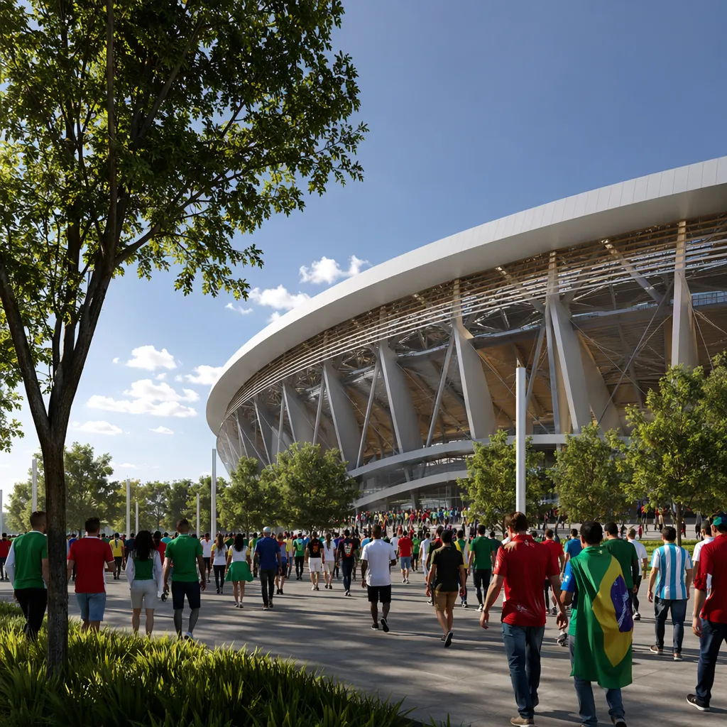 A modern football stadium exterior with groups of fans walking towards the entra