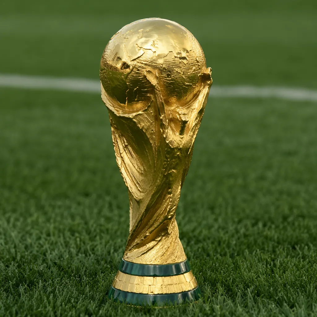Close up shot of a golden World Cup trophy placed on a green football pitch, sof