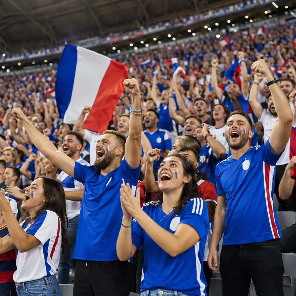 Wide shot of football fans wearing generic national team jerseys cheering in a s