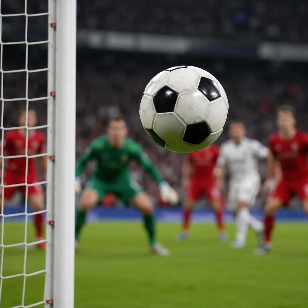 Close-up shot of a football in mid-air near the goal post, out of focus goalkeep
