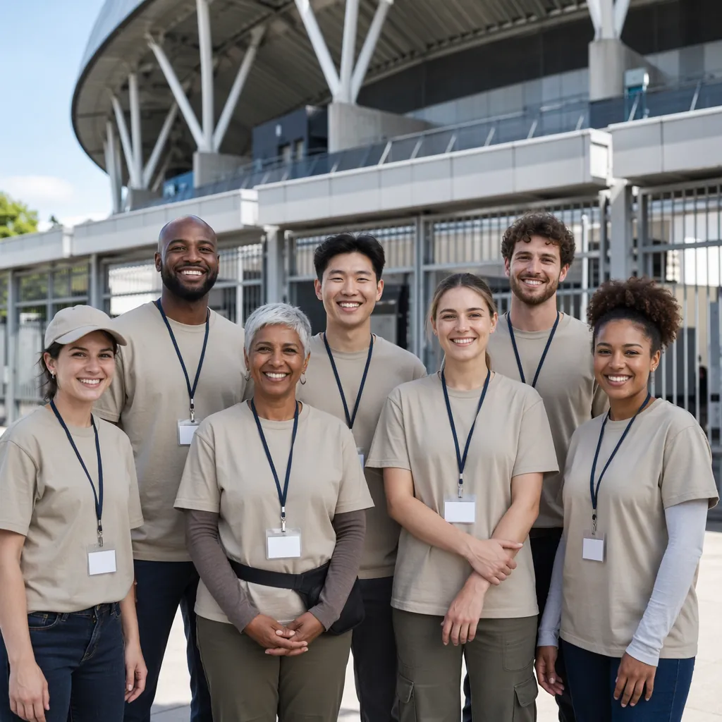 Group of diverse volunteers in neutral unbranded uniforms standing outside a sta