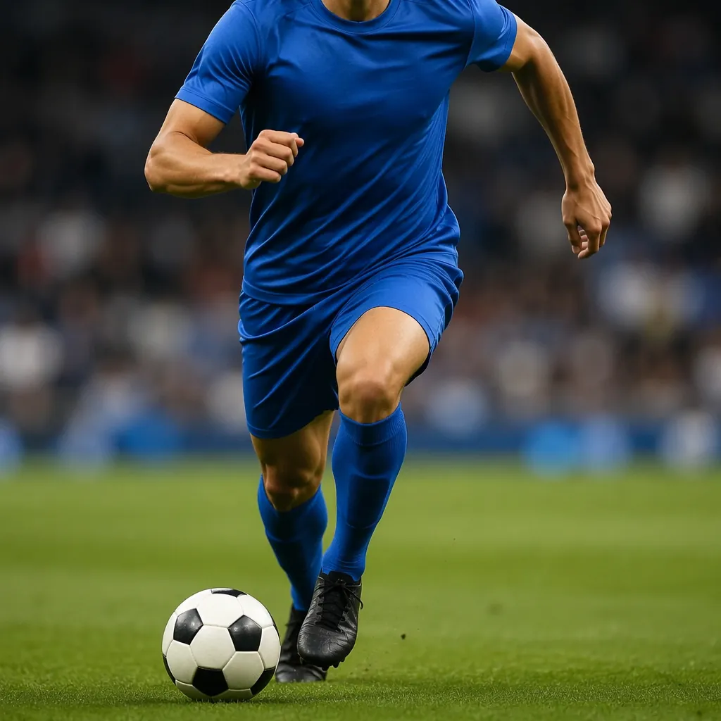 Action shot of generic soccer player in plain blue jersey running with ball on p