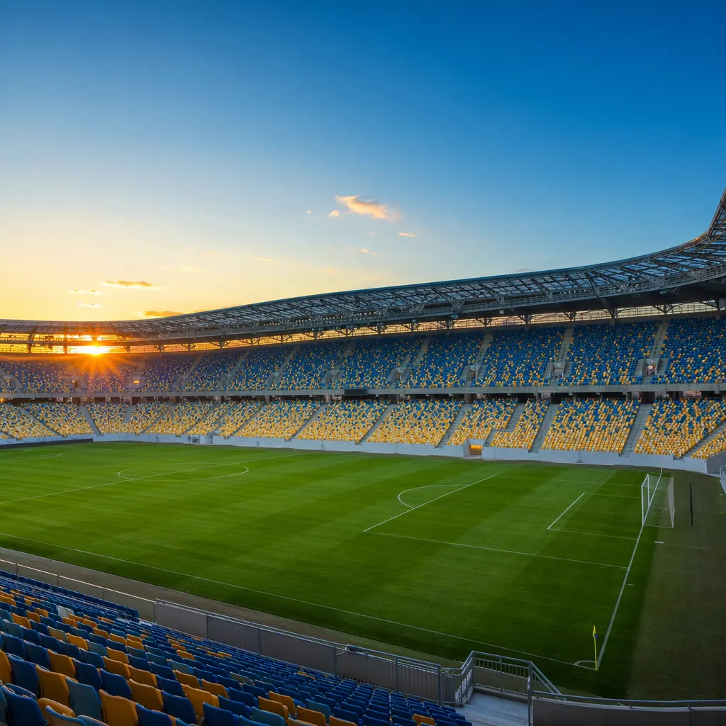 Wide shot of a modern football stadium during sunset, empty green pitch, rows of
