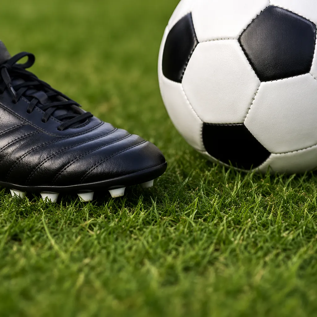 Close up shot of a football boot and a classic white and black football on well-