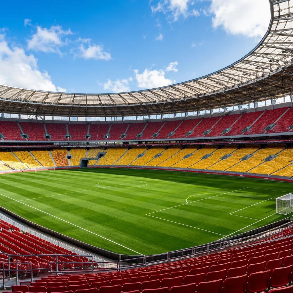 Wide shot of a modern football stadium with green grass pitch, empty seats in re