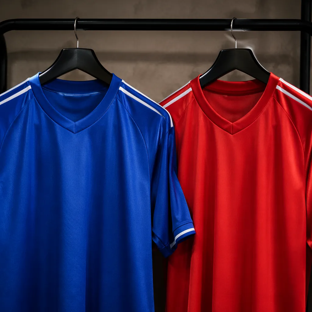 Close-up of two generic football jerseys in blue and red colors hanging side by 