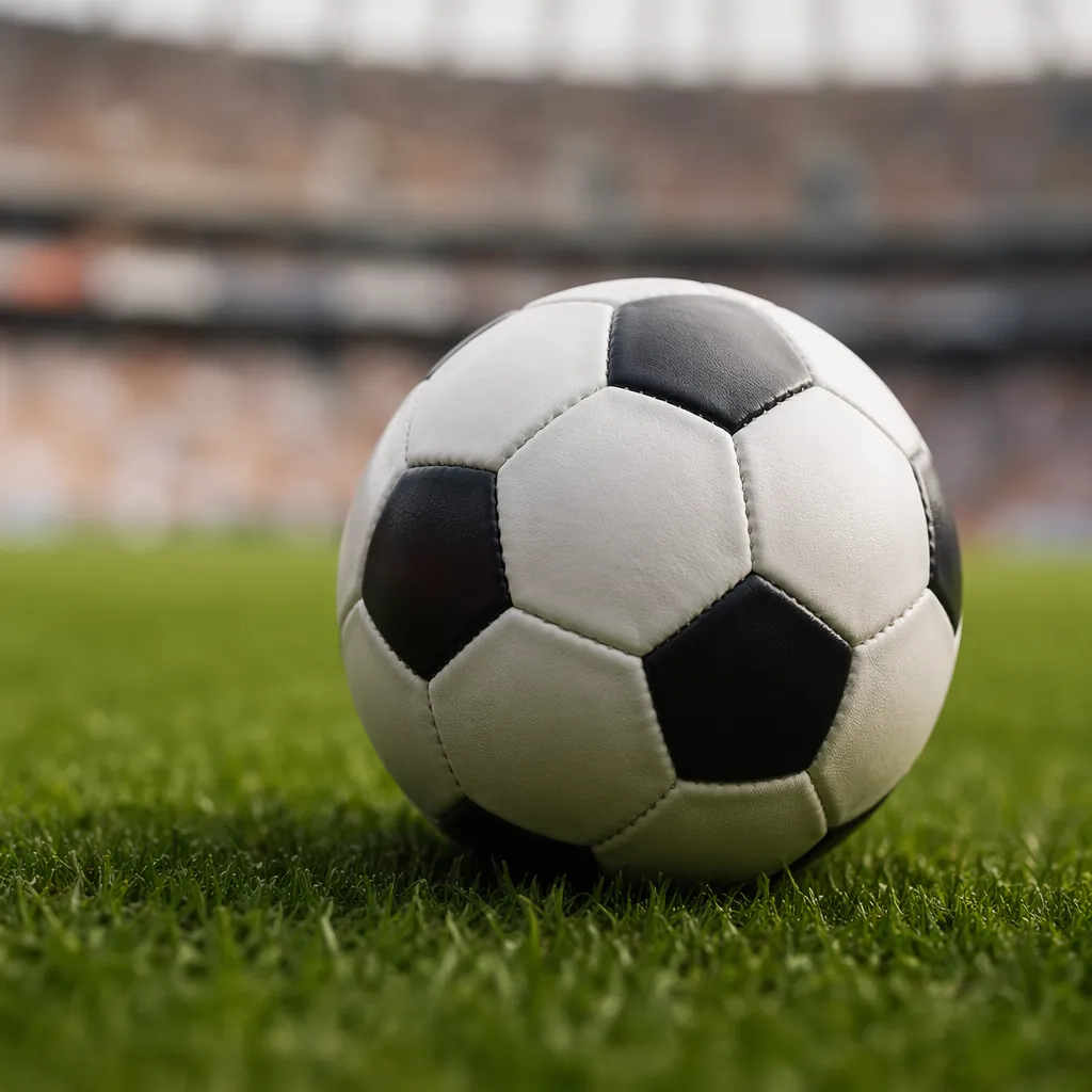 Close up shot of a football resting on the green grass of a World Cup pitch, blu