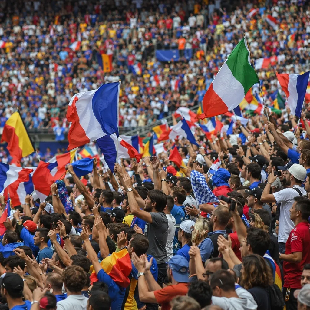 Wide shot of football fans celebrating in the stands, waving national flags, col