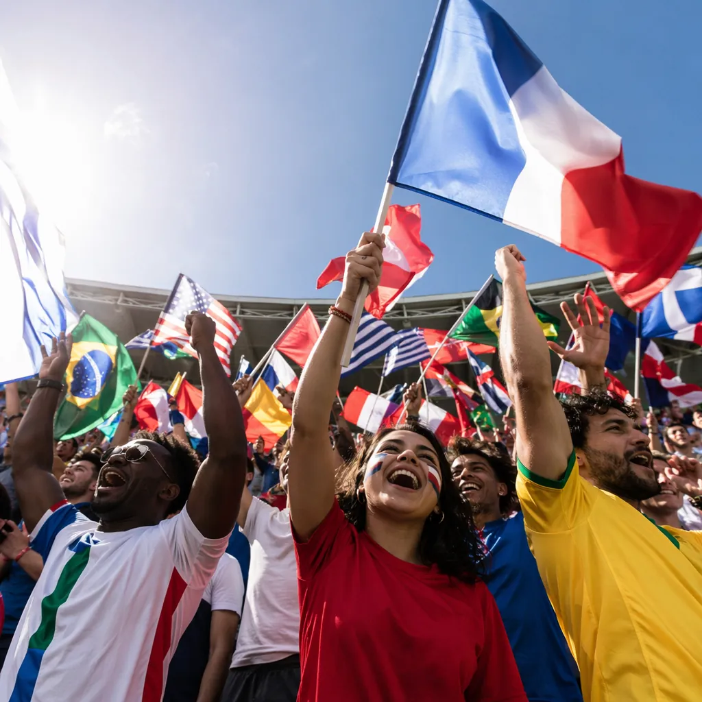 Low angle shot of cheering soccer fans waving national flags in stadium stands, 