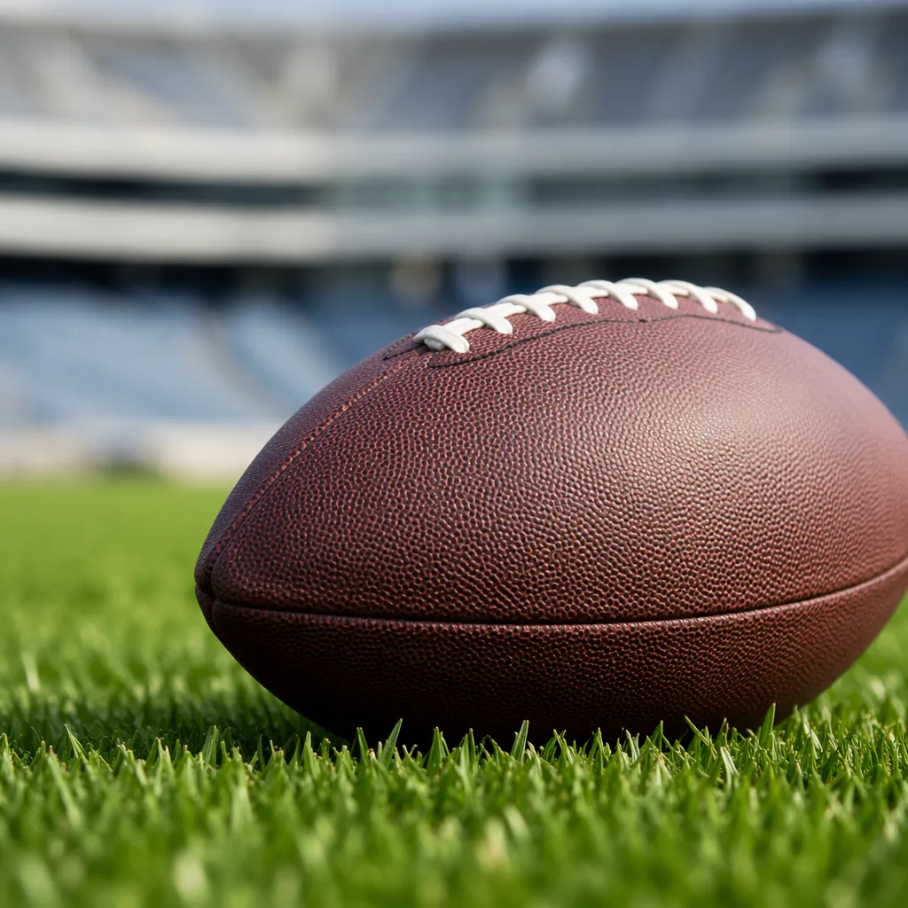 Close up shot of a football on well-maintained green grass, blurred stadium seat