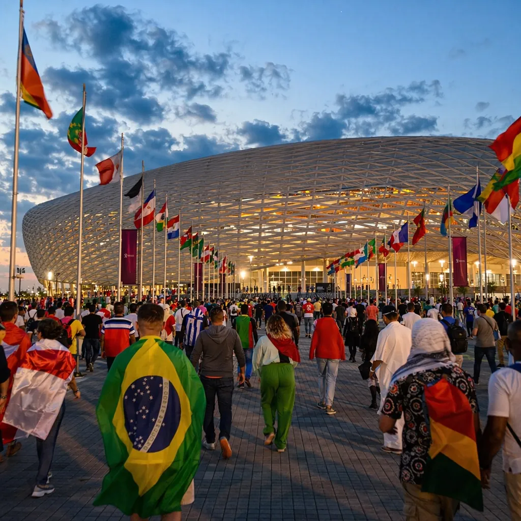 Wide shot of modern World Cup-style stadium exterior at dusk, crowds of fans wal