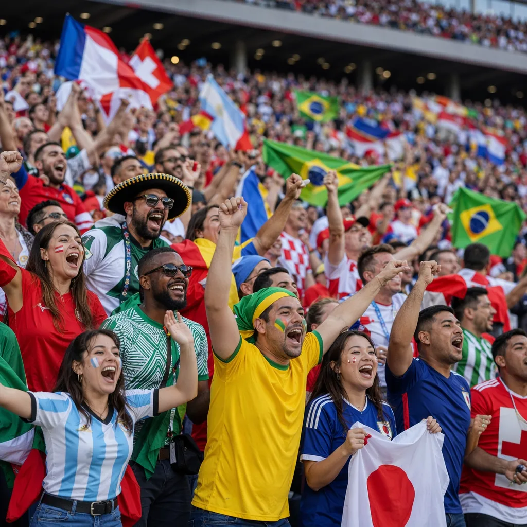 Wide shot of football fans cheering in a World Cup stadium stands, wearing color