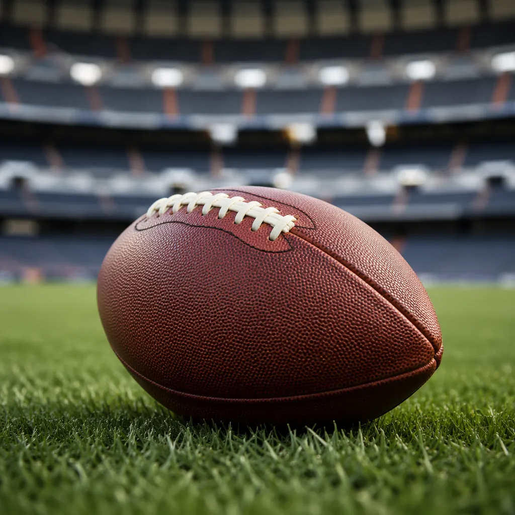 Close up shot of a football lying on green grass of a professional football pitc