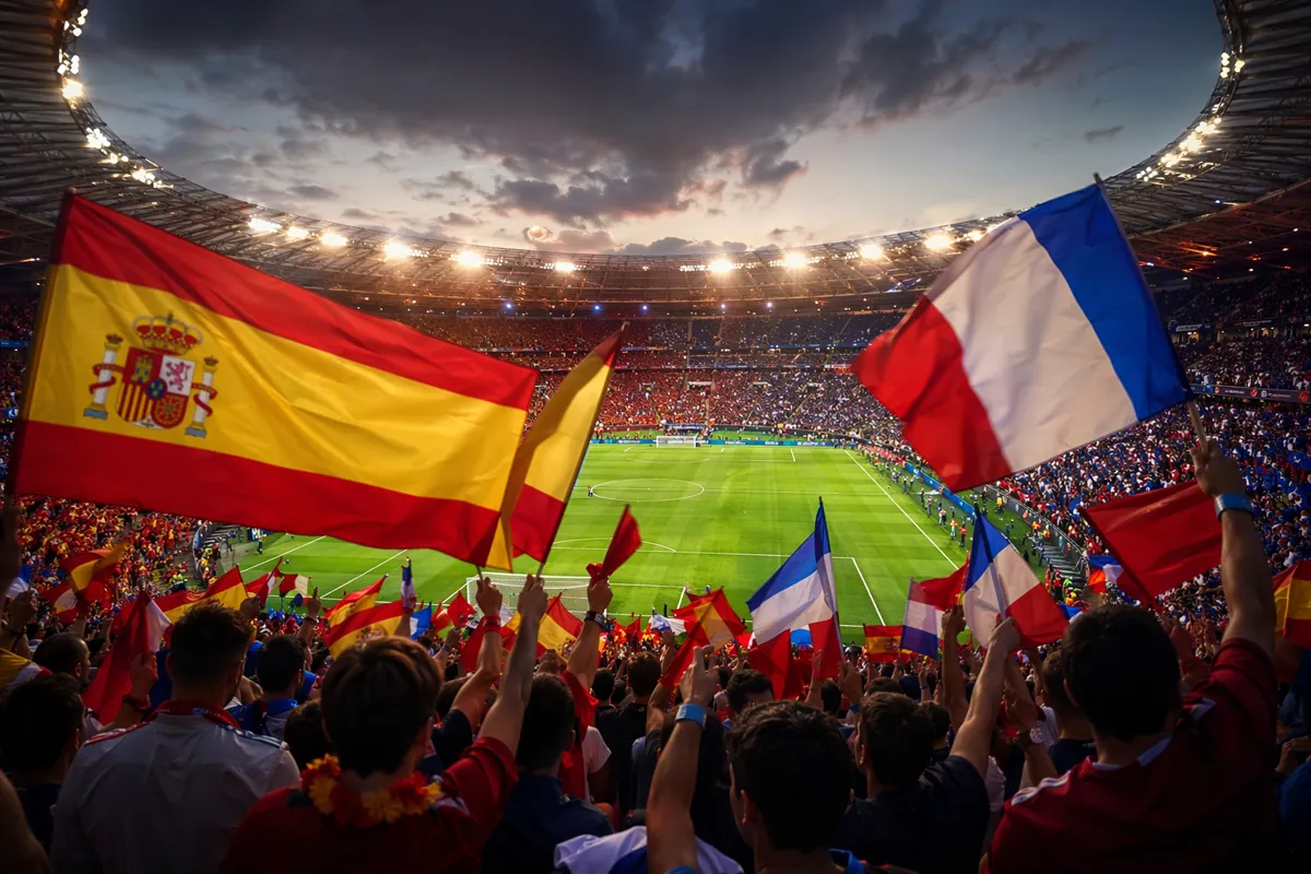Vibrant pre-match atmosphere of a FIFA World Cup stadium, with fans waving generic Spanish