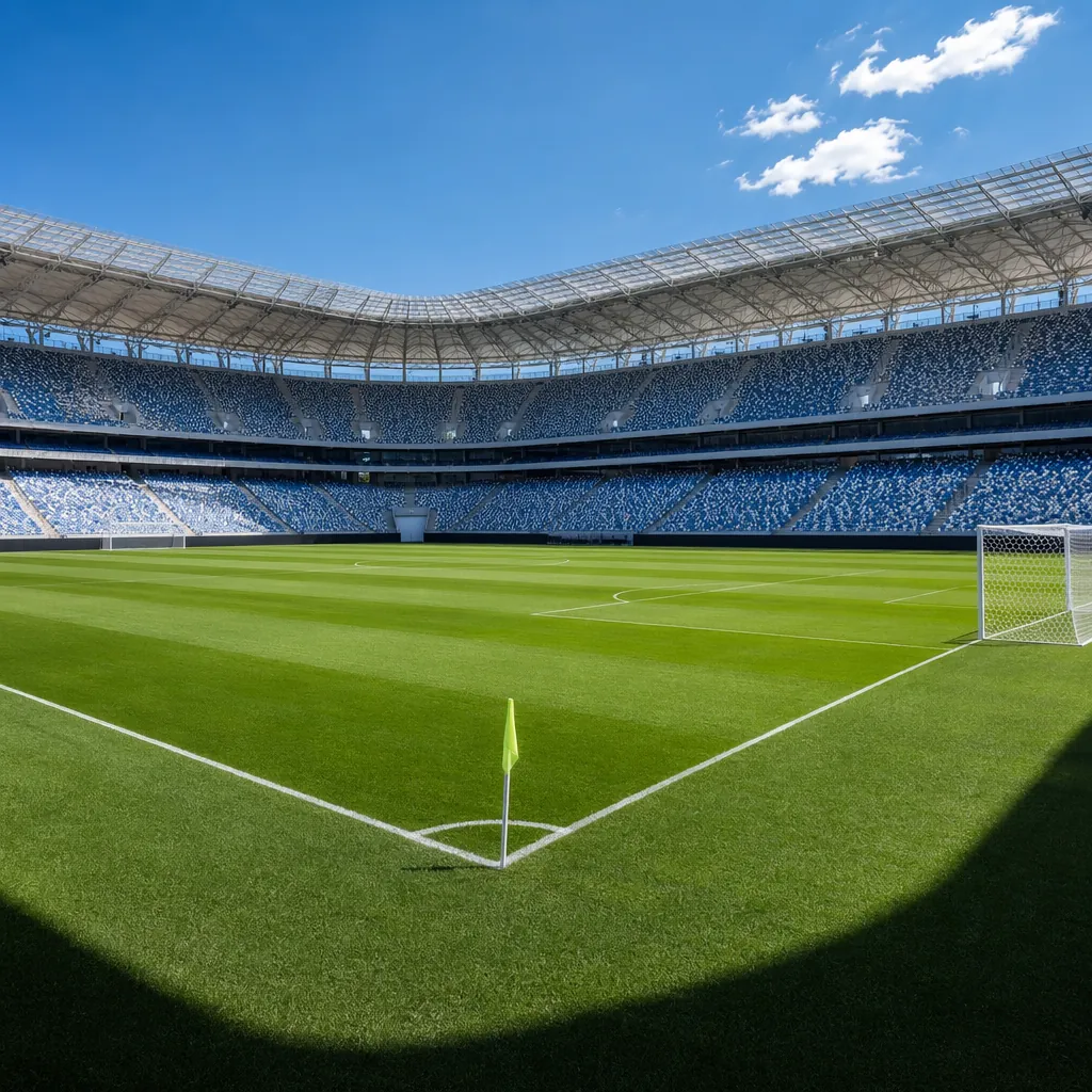 Wide shot of a well-maintained professional football pitch with World Cup-style