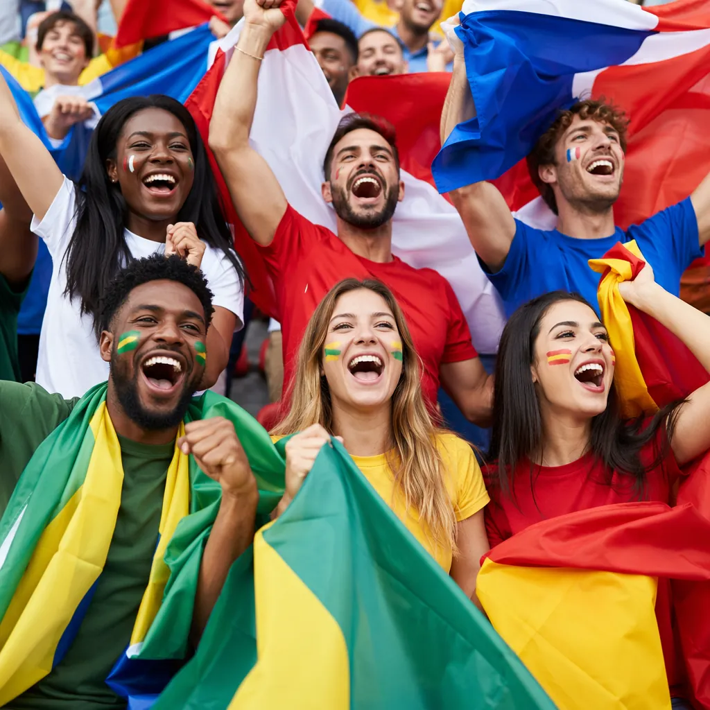 Group of diverse football fans cheering with generic national flags, colorful ca