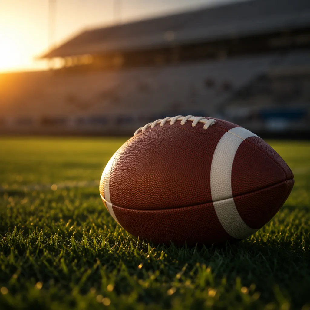 Close up shot of a generic football on a well-maintained green grass pitch, soft