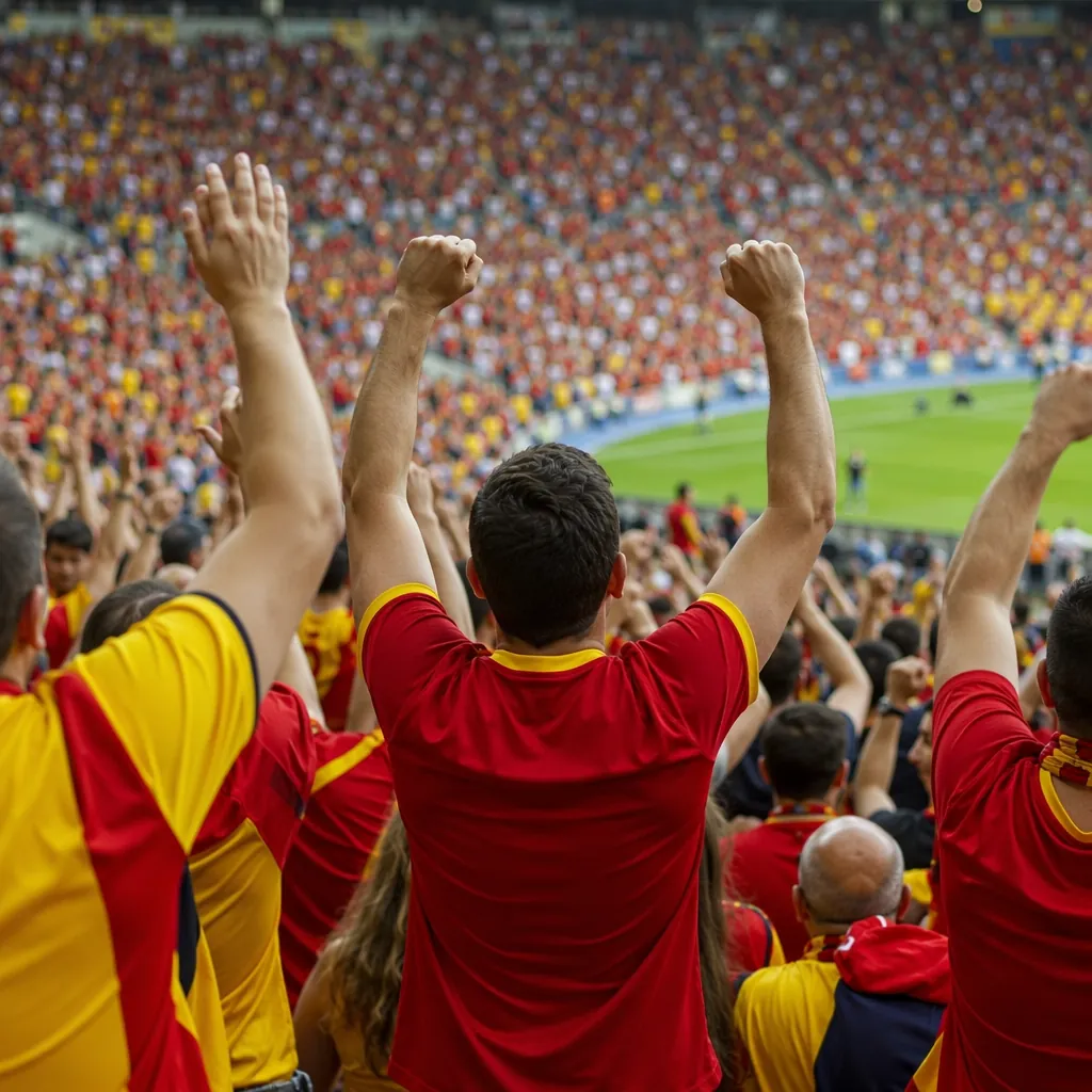 Candid shot of excited football fans wearing generic red and yellow team jerseys