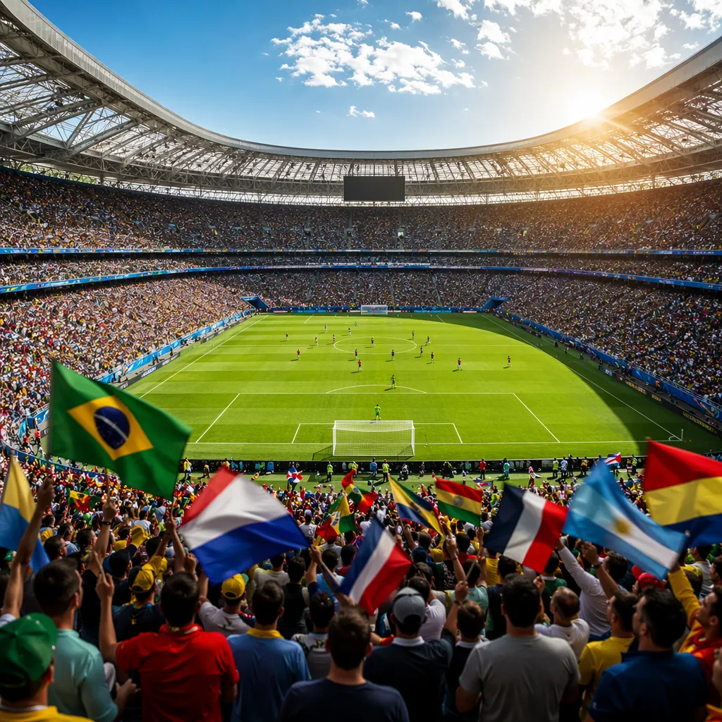 wide shot of modern world cup stadium with full seating, sunny afternoon match d