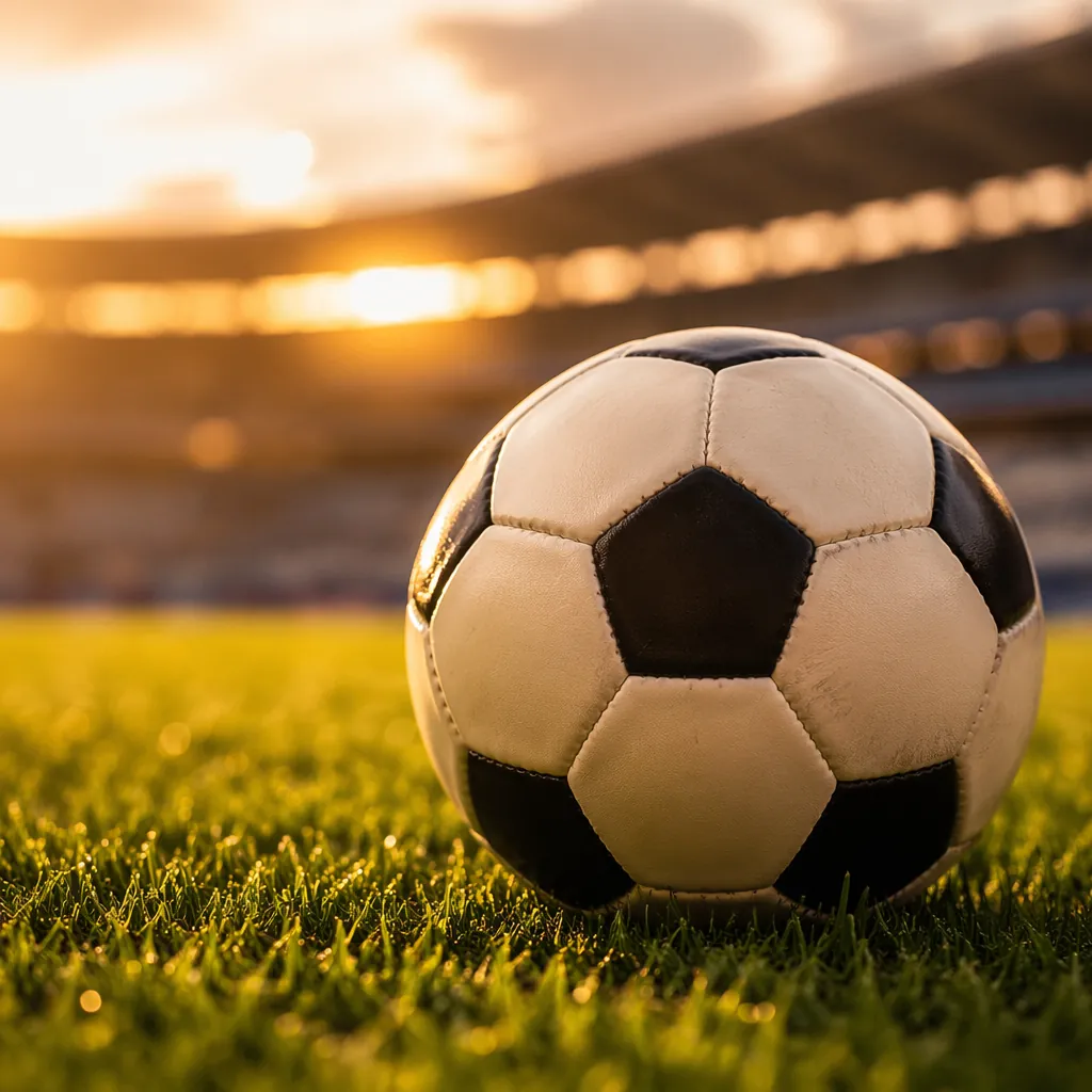 close up of football on green grass pitch with blurred stadium background, warm 