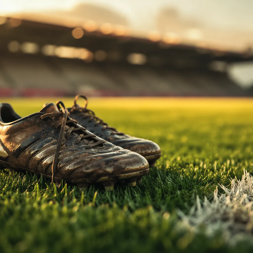 Close up shot of a football pitch edge, worn football boots resting on lush gree