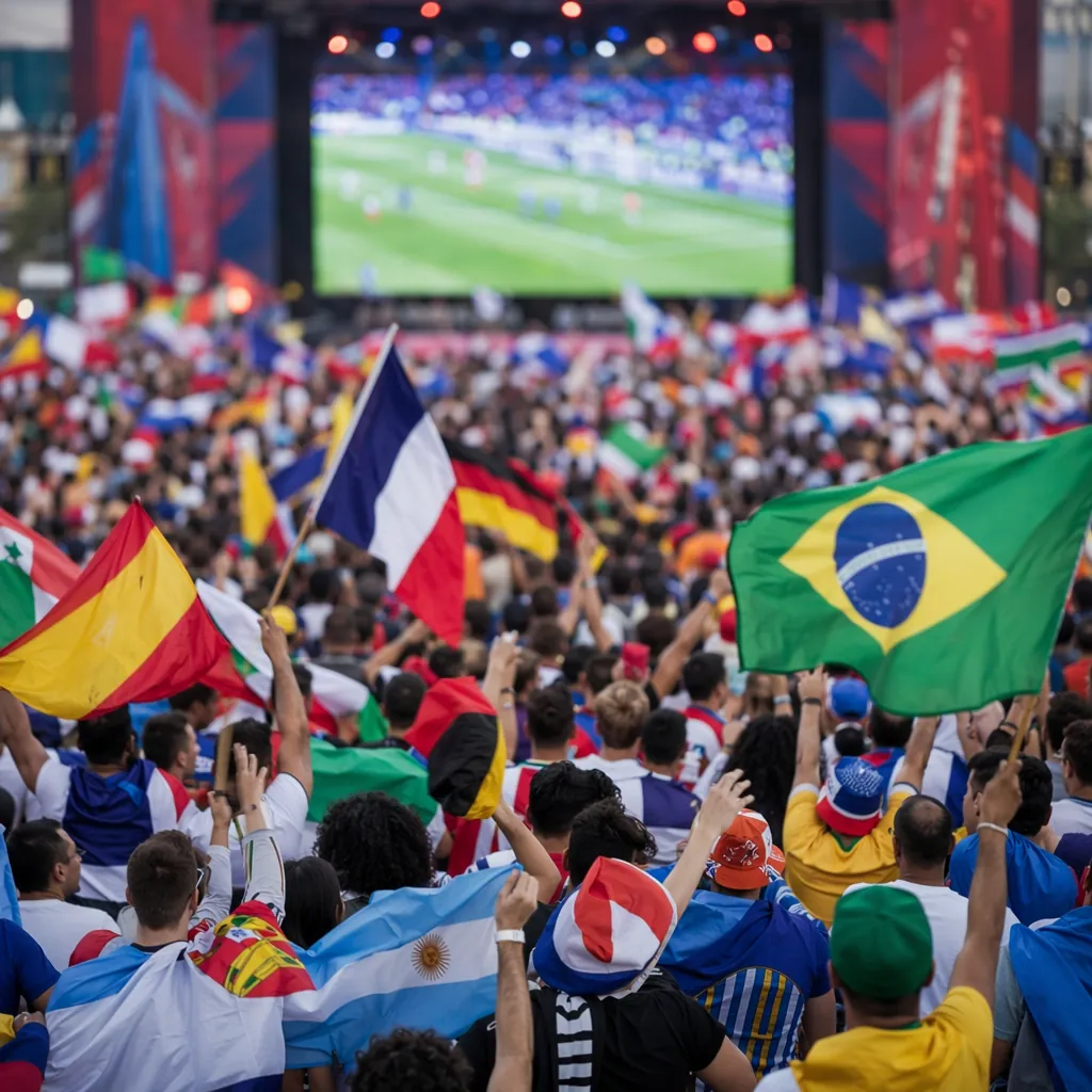 Wide shot of a lively World Cup fan zone, blurred crowd of fans waving various n
