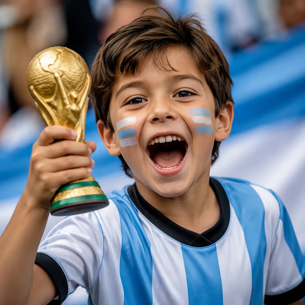 Close up of a young football fan wearing a generic national team jersey, holding