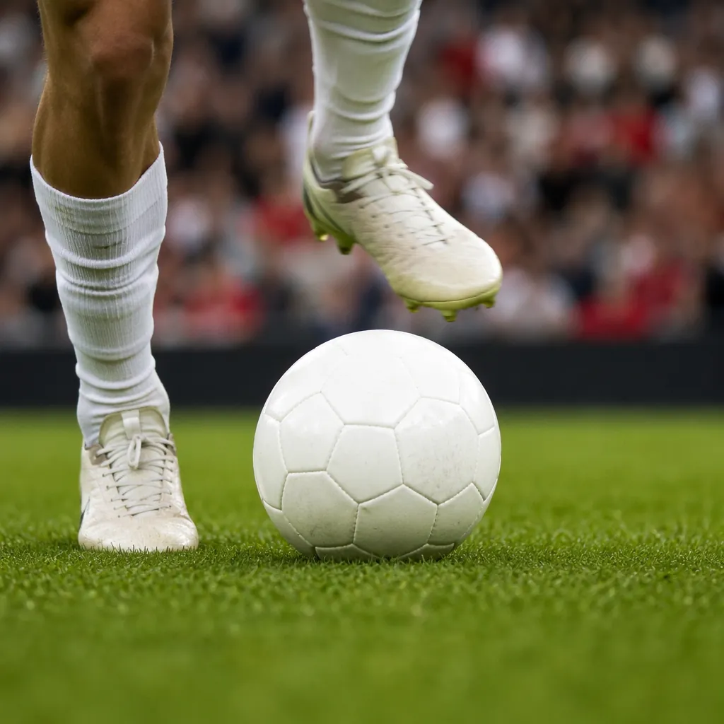 Close-up shot of a football player's feet dribbling a standard white football on