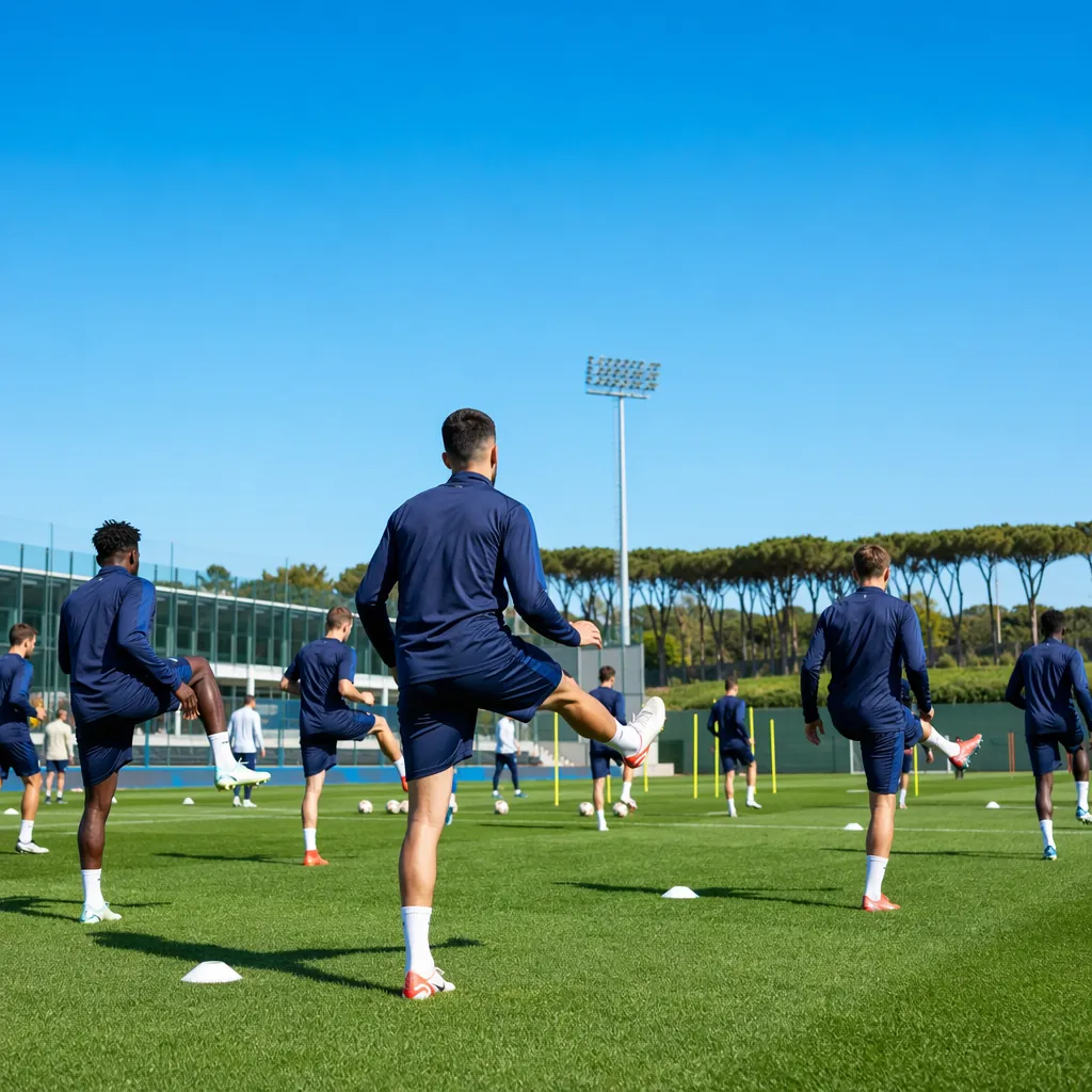 Wide shot of a national football team doing warm-up exercises on a sunny trainin