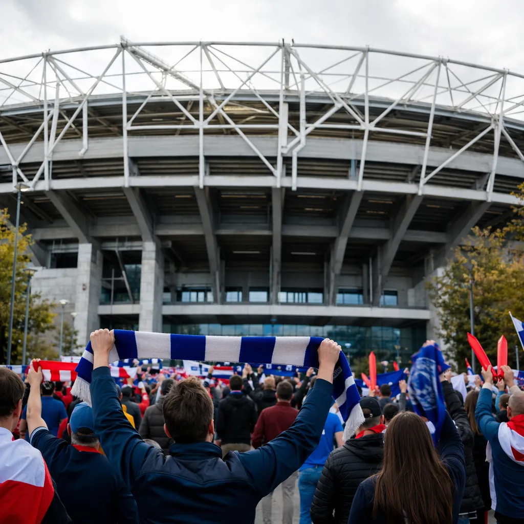 Wide shot of a modern football stadium entrance before match, fans holding color