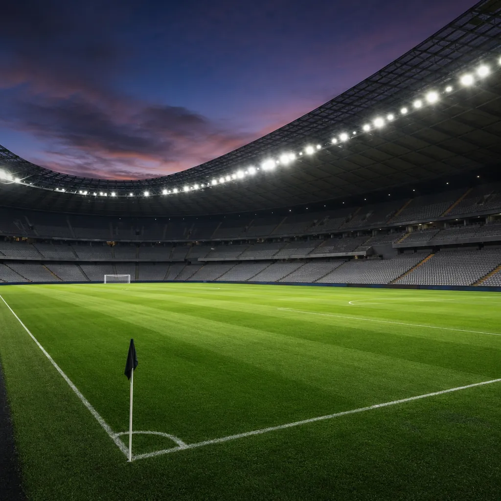 Empty modern professional football stadium with well-maintained green pitch, bri