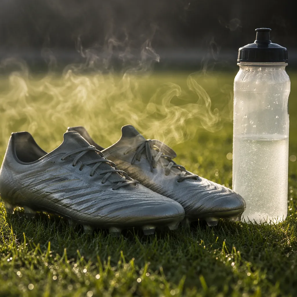 Close up of football boots and a water bottle placed on hot grass, heat waves ri
