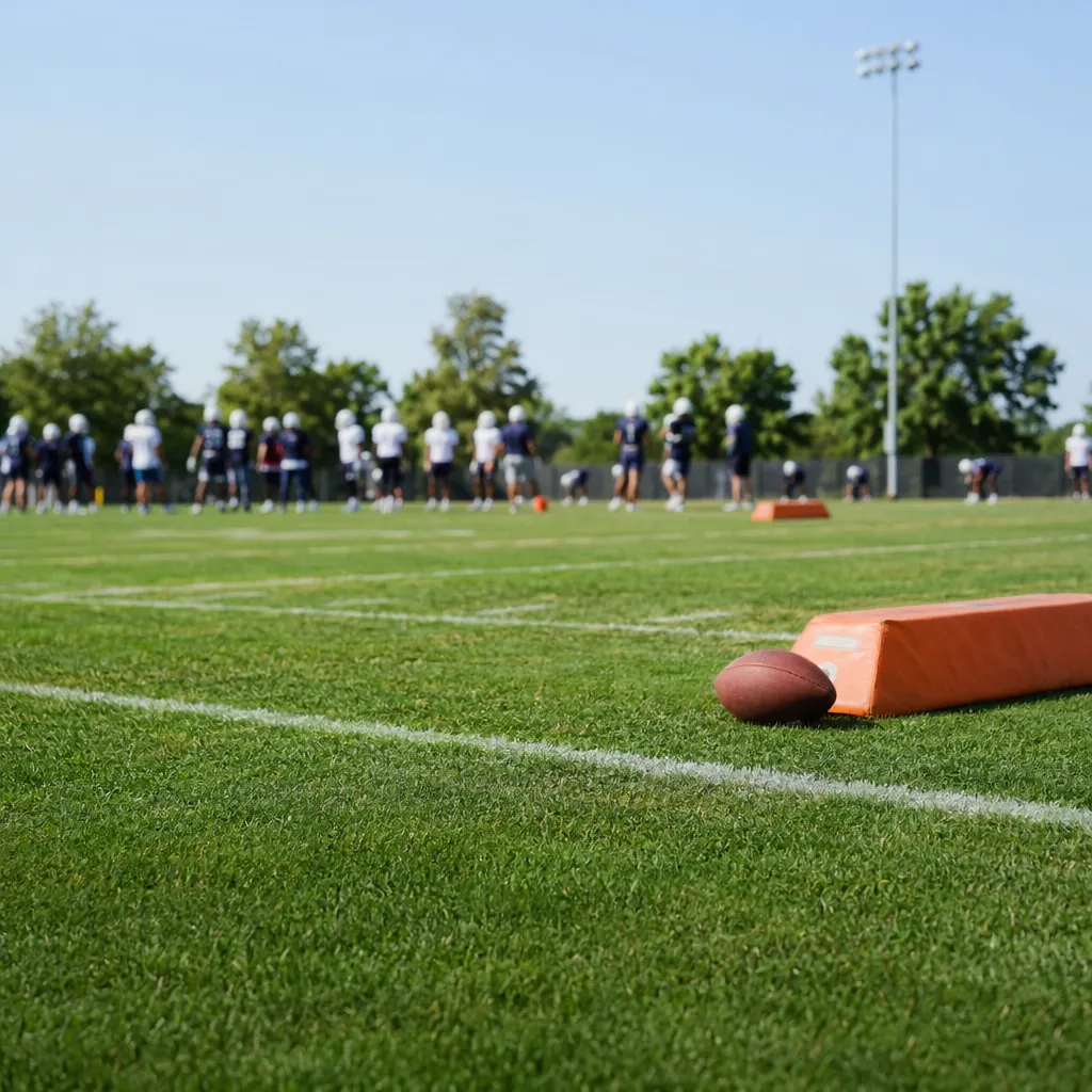 Wide shot of a football training camp in sunny weather, blurred figures of playe