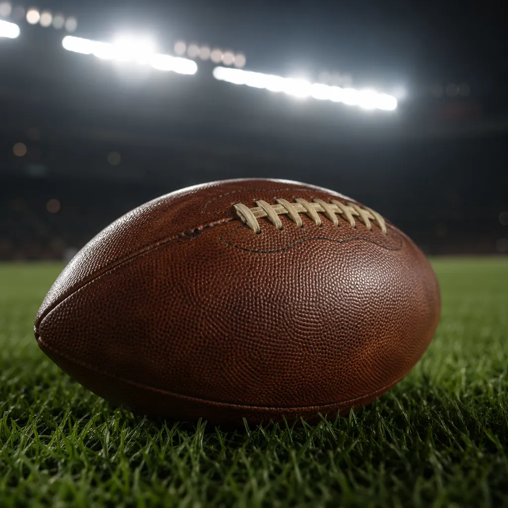 Close up shot of a leather football resting on well-maintained green grass pitch