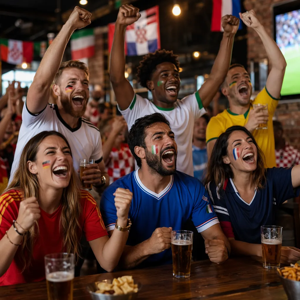 Wide shot of a group of football fans celebrating in a casual sports bar, wearin
