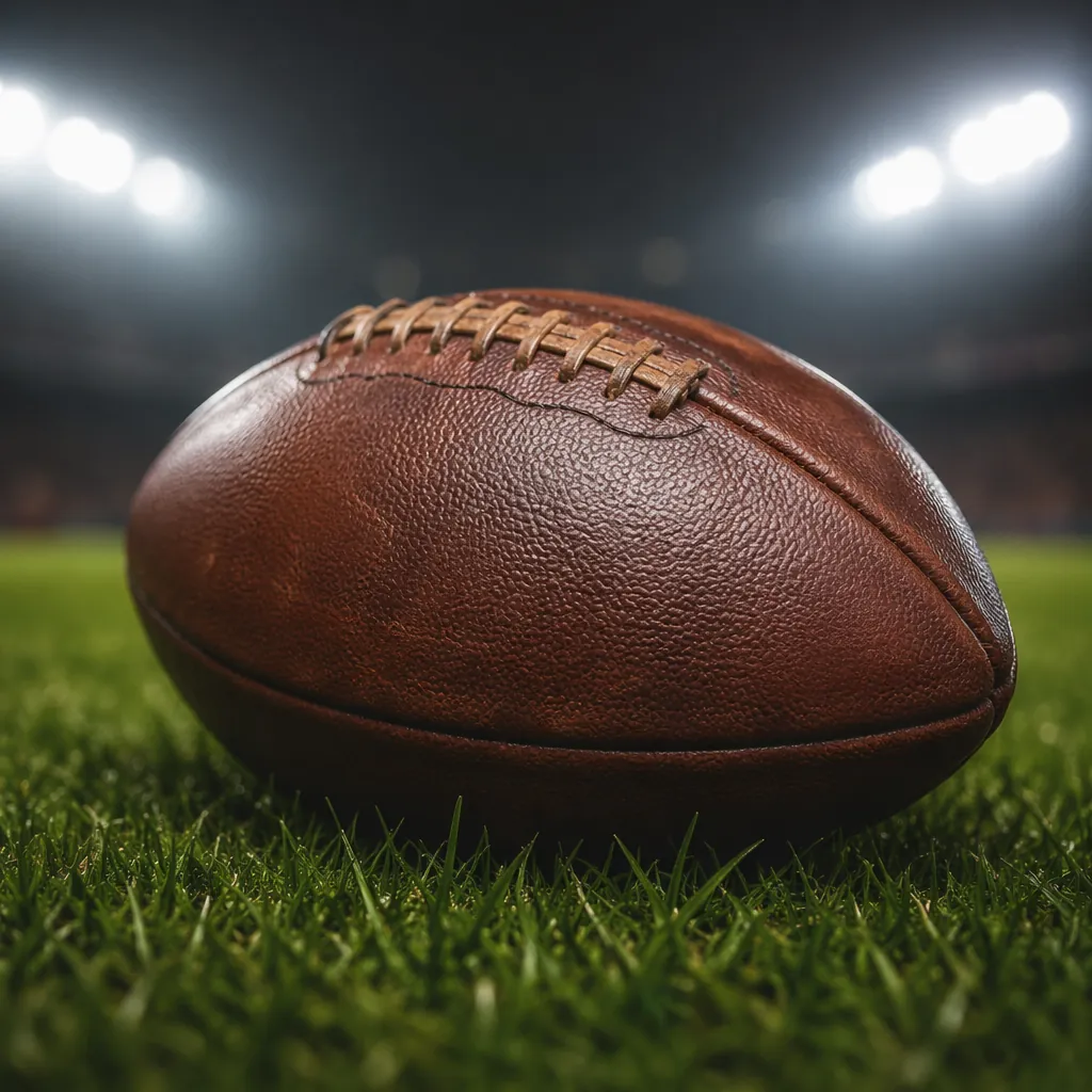 Close up of a classic leather football resting on well-maintained green grass, s