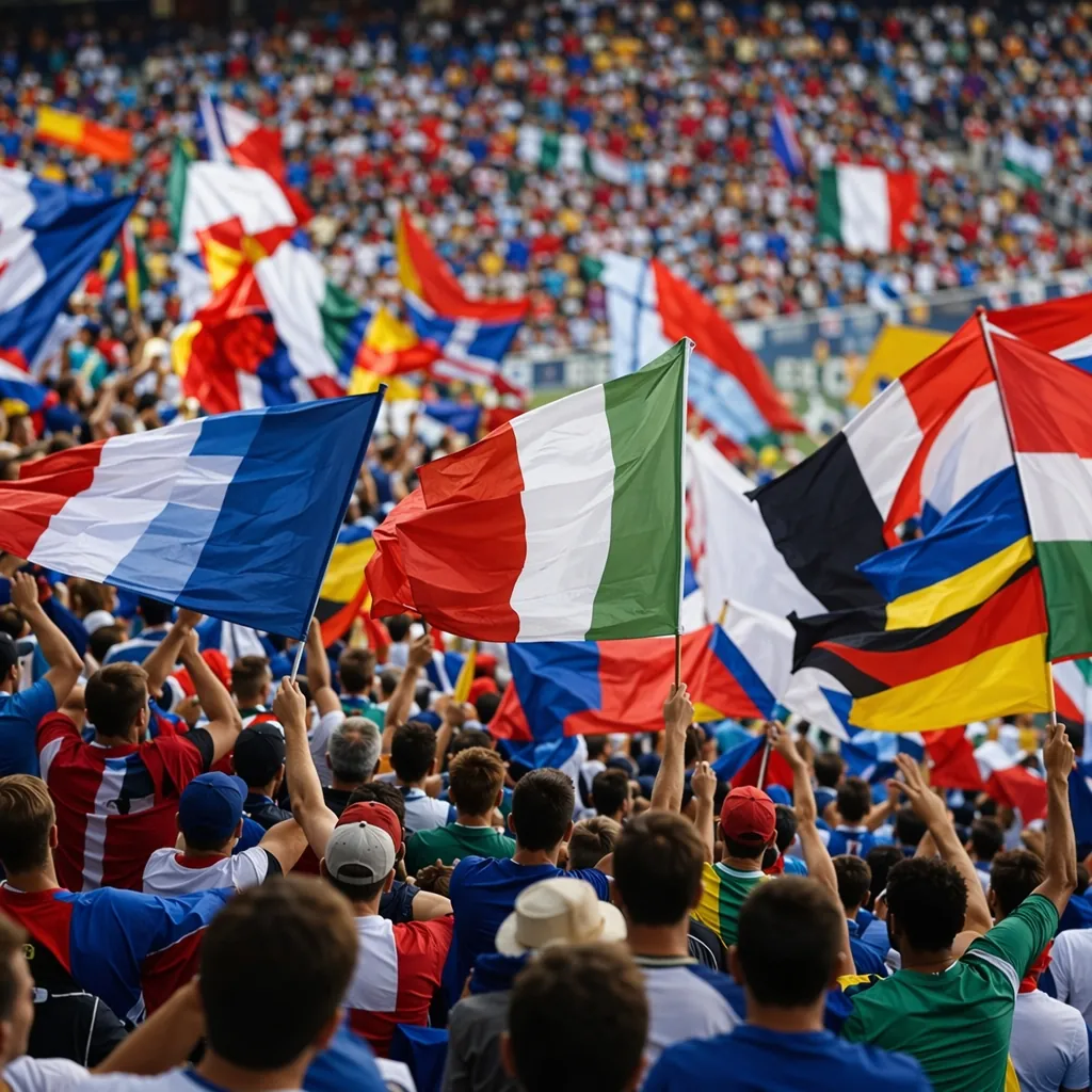 Wide shot of anonymous football fans waving generic national flags in the stands